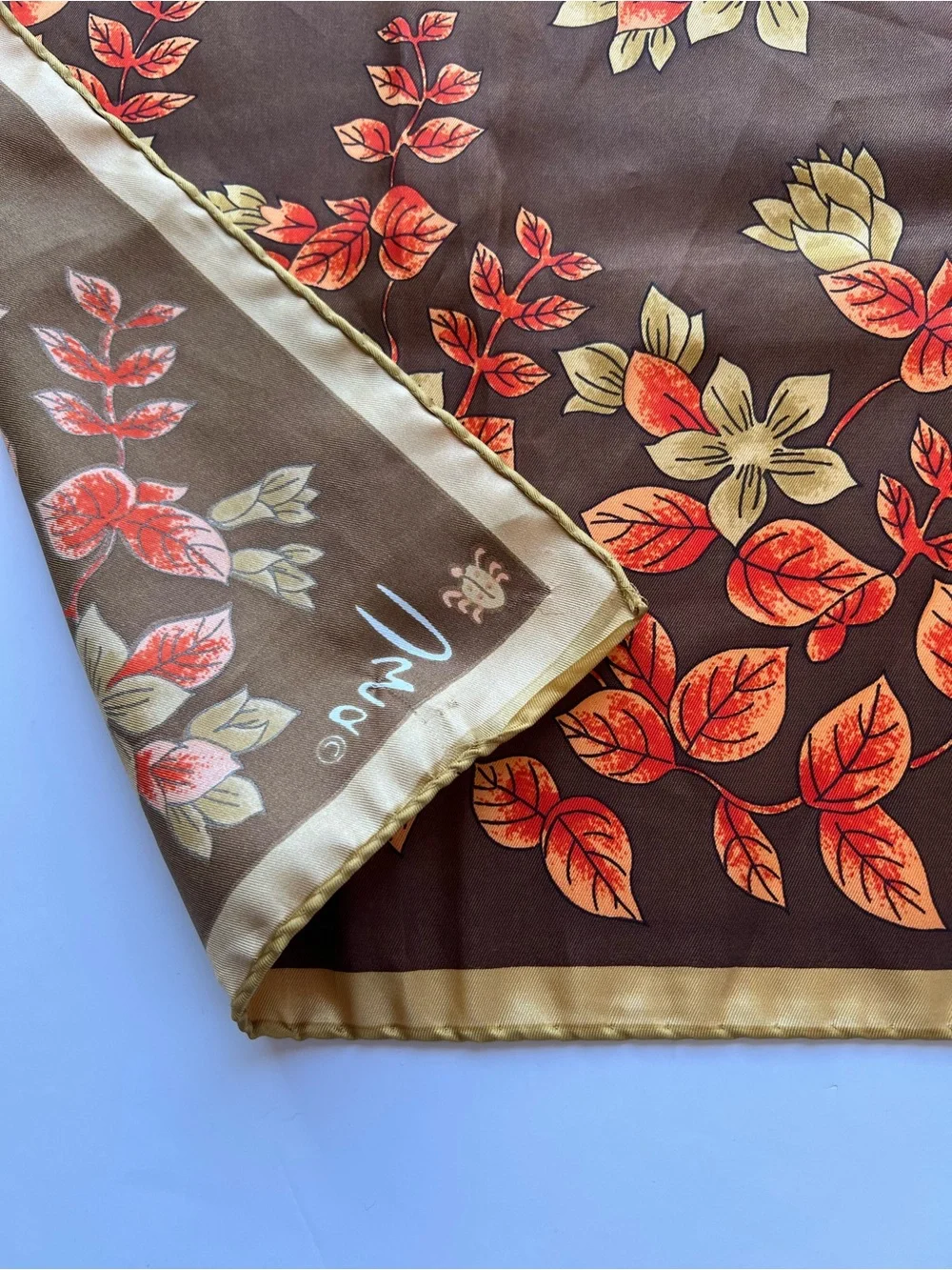 Vintage Vera Neumann Square Scarf in Brown with Orange & Gold Leaves 26” Square